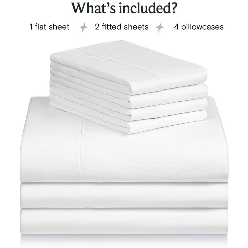 a stack of white sheets with text: 'What's included? 1 flat sheet 2 fitted sheets 4 pillowcases'