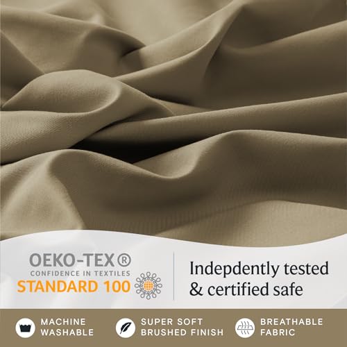 a close up of a fabric with text: 'OEKO-TEX Indepdently tested CONFIDENCE IN TEXTILES STANDARD 100 & certified safe MACHINE SUPER SOFT BREATHABLE WASHABLE BRUSHED FINISH FABRIC'