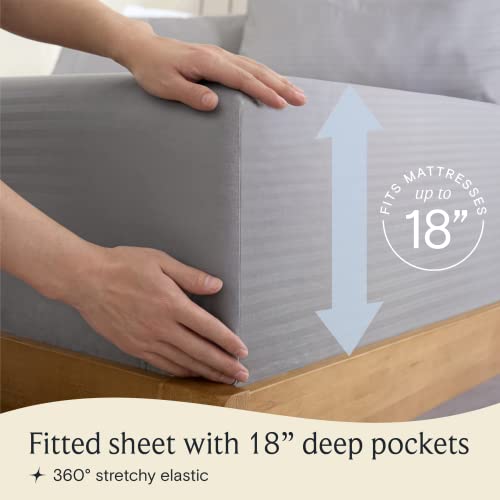 a person's hands on a bed with text: 'MATTRESSES up to 18 Fitted sheet with 18" deep pockets 360º stretchy elastic'
