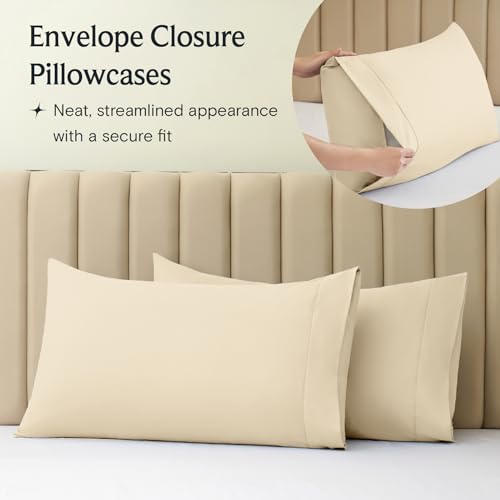 a group of pillows on a bed with text: 'Envelope Closure Pillowcases Neat, streamlined appearance with a secure fit'