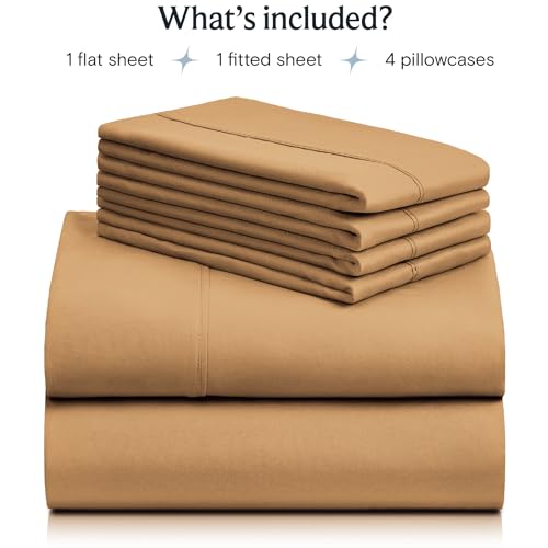 a stack of brown sheets with text: 'What's included? 1 flat sheet 1 fitted sheet 4 pillowcases'