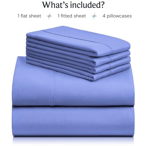 a stack of blue sheets with text: 'What's included? 1 flat sheet 1 fitted sheet 4 pillowcases'