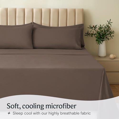 a bed with brown sheets and a plant in a vase with text: 'Soft, cooling microfiber Sleep cool with our highly breathable fabric'