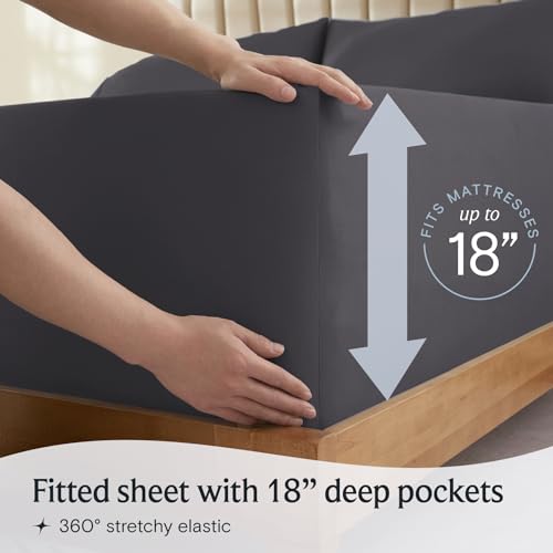 a person holding a mattress with text: 'RESSES FITS MA Fitted sheet with 18" deep pockets 360º stretchy elastic'