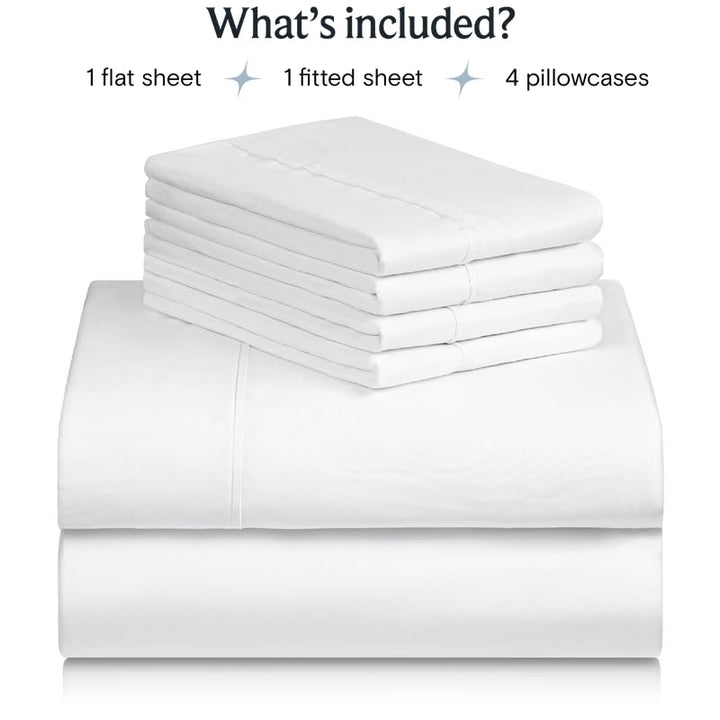a stack of white sheets with text: 'What's included? 1 flat sheet 1 fitted sheet 4 pillowcases'