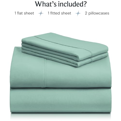 a stack of folded sheets with text: 'What's included? 1 flat sheet 1 fitted sheet 2 pillowcases'