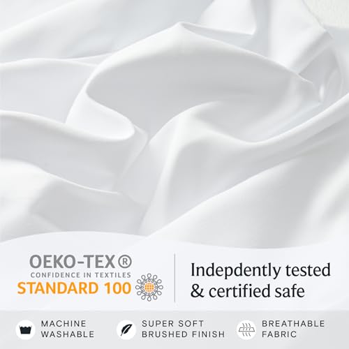 a white fabric with a white background with text: 'OEKO-TEX CONFIDENCE IN TEXTILES Indepdently tested STANDARD 100 & certified safe MACHINE SUPER SOFT BREATHABLE WASHABLE BRUSHED FINISH FABRIC'