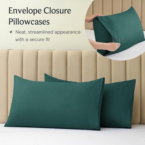 a close-up of a pillow case with text: 'Envelope Closure Pillowcases Neat, streamlined appearance with a secure fit'