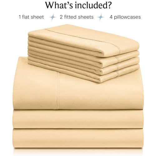a stack of beige sheets with text: 'What's included? 1 flat sheet 2 fitted sheets 4 pillowcases'