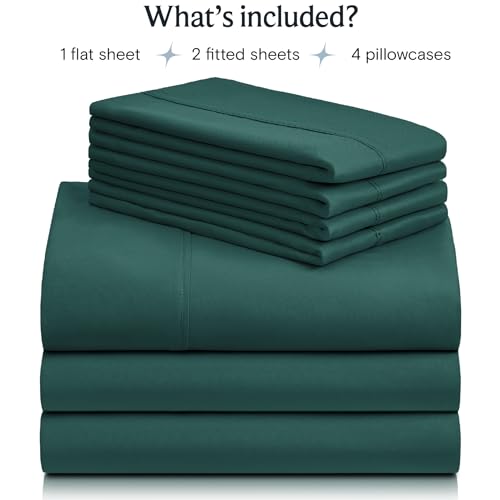 a stack of green sheets with text: 'What's included? 1 flat sheet 2 fitted sheets 4 pillowcases'