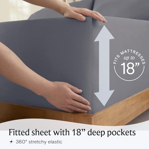 a person holding a mattress with text: 'RESSES FITS Fitted sheet with 18" deep pockets 360º stretchy elastic'