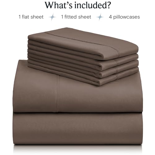 a stack of brown sheets with text: 'What's included? 1 flat sheet 1 fitted sheet 4 pillowcases'