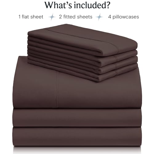 a stack of brown sheets with text: 'What's included? 1 flat sheet 2 fitted sheets 4 pillowcases'