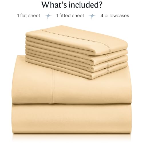 a stack of beige sheets with text: 'What's included? 1 flat sheet 1 fitted sheet 4 pillowcases'