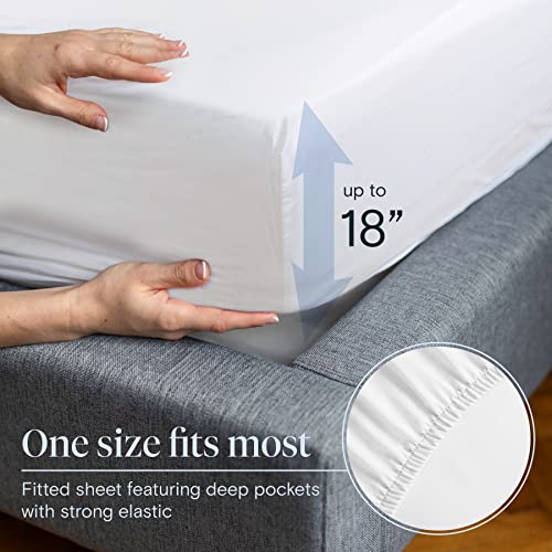 a person's hands touching a bed sheet with text: 'up to 18" One size fits most Fitted sheet featuring deep pockets with strong elastic'