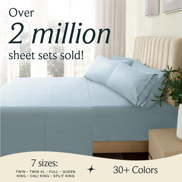 a bed with a plant in a vase with text: 'Over 2 million sheet sets sold! 7 sizes: 30+ Colors TWIN TWIN XL FULL QUEEN KING . CALI KING SPLIT KING'