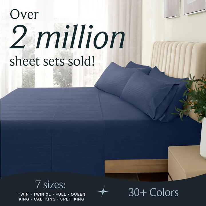 a bed with blue sheets and a plant in a white vase with text: 'Over 2 million sheet sets sold! 7 sizes: 30+ Colors TWIN TWIN XL FULL QUEEN KING . CALI KING . SPLIT KING'