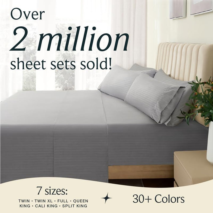a bed with a plant in a vase with text: 'Over 2 million sheet sets sold! 7 sizes: 30+ Colors TWIN TWIN XL FULL QUEEN KING CALI KING SPLIT KING'