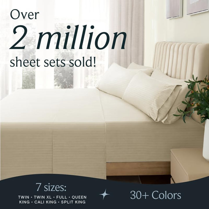 a bed with a plant in a vase with text: 'Over 2 million sheet sets sold! 7 sizes: 30+ Colors TWIN TWIN XL FULL QUEEN KING . CALI KING . SPLIT KING'