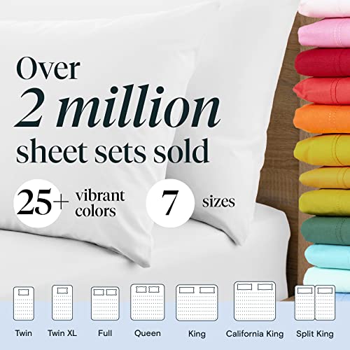 a stack of colorful sheets with text: 'Over 2 million sheet sets sold 25+ vibrant 7 sizes colors . Twin Twin XL Full Queen King California King Split King'