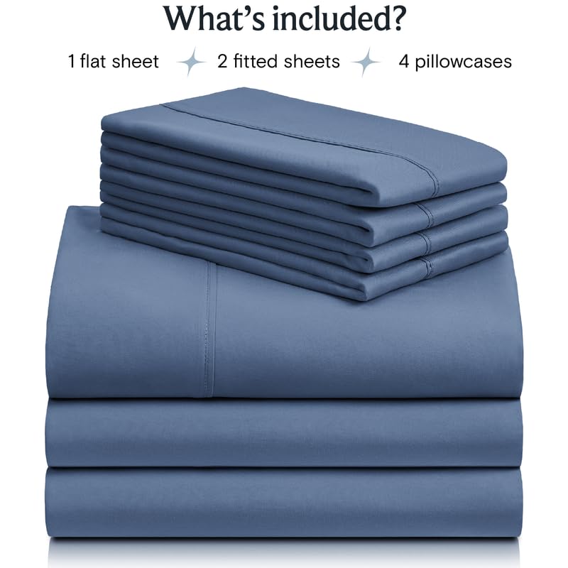 a stack of blue sheets with text: 'What's included? 1 flat sheet 2 fitted sheets 4 pillowcases'