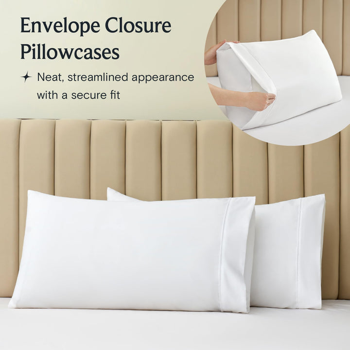 a close-up of a pillow case with text: 'Envelope Closure Pillowcases Neat, streamlined appearance with a secure fit'