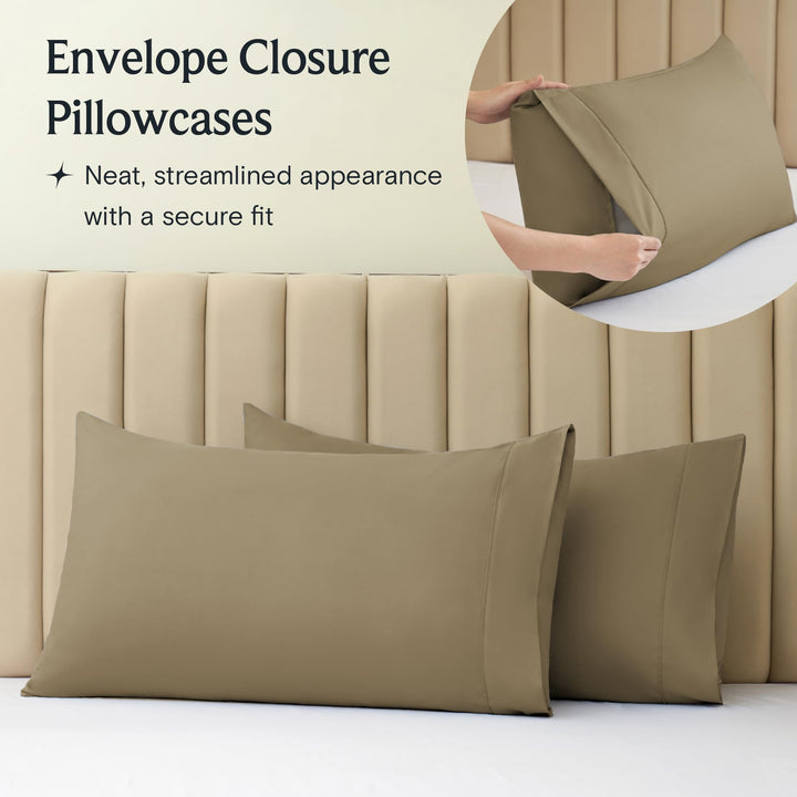 a close-up of a pillow case with text: 'Envelope Closure Pillowcases Neat, streamlined appearance with a secure fit'