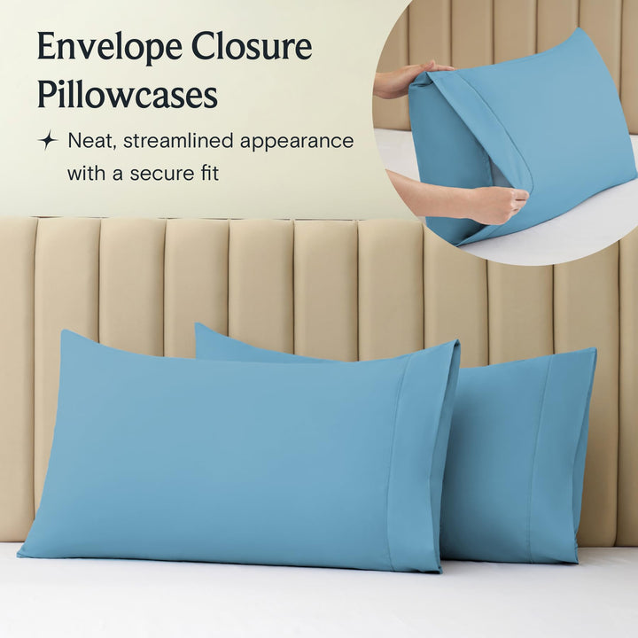 a close-up of a pillow case with text: 'Envelope Closure Pillowcases Neat, streamlined appearance with a secure fit'