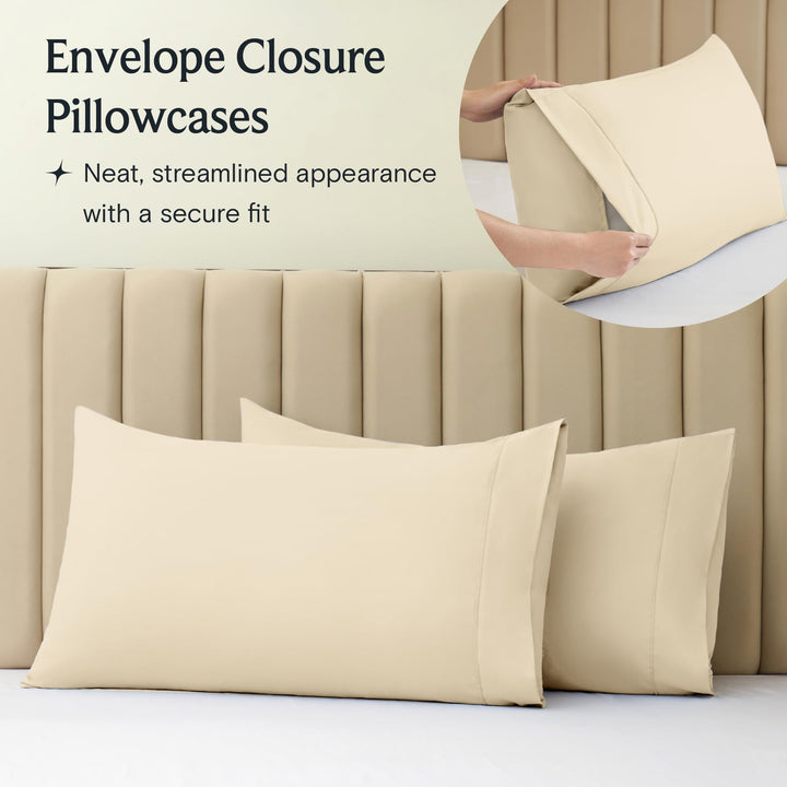 a close-up of a pillow case with text: 'Envelope Closure Pillowcases Neat, streamlined appearance with a secure fit'