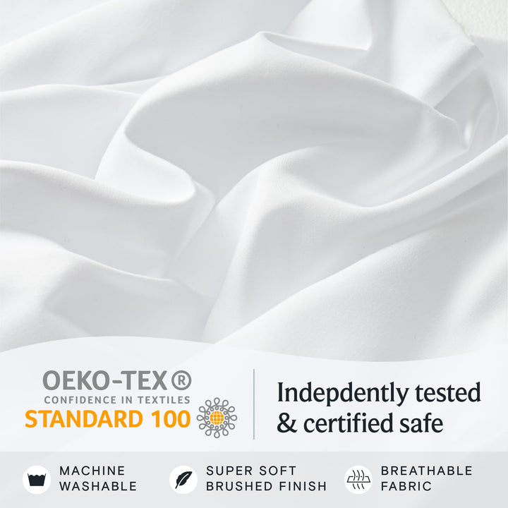 a white fabric with white text with text: 'OEKO-TEX Indepdently tested CONFIDENCE IN TEXTILES STANDARD 100 & certified safe MACHINE SUPER SOFT BREATHABLE WASHABLE BRUSHED FINISH FABRIC'