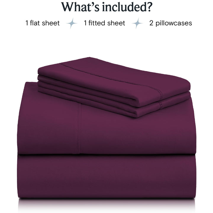 a purple sheets on a white background with text: 'What's included? 1 flat sheet 1 fitted sheet 2 pillowcases'