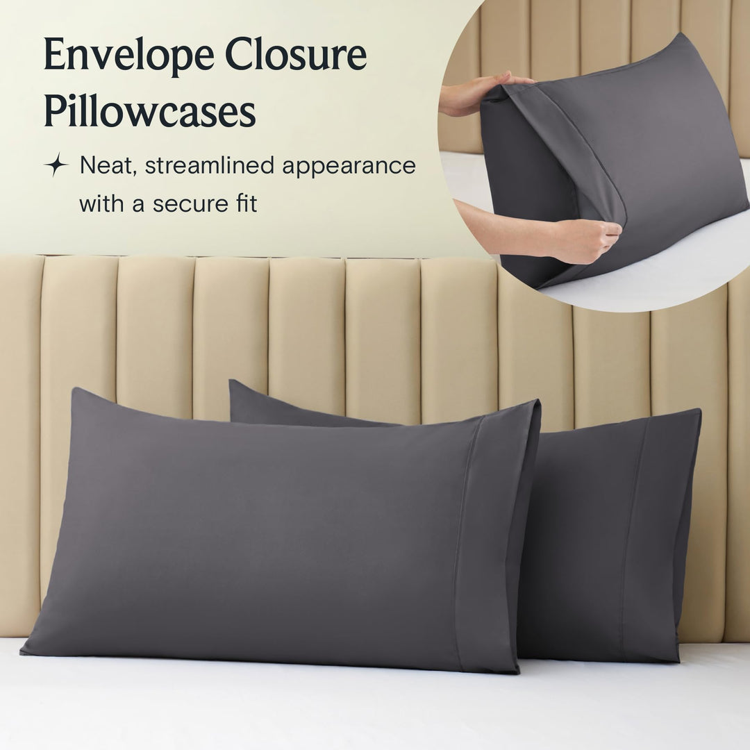a close-up of a pillow case with text: 'Envelope Closure Pillowcases Neat, streamlined appearance with a secure fit'