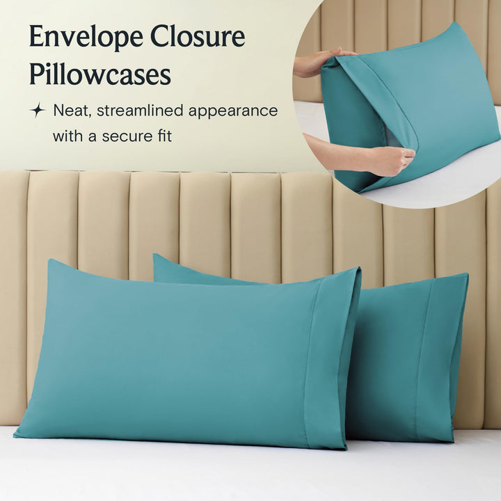 a close-up of a pillow case with text: 'Envelope Closure Pillowcases Neat, streamlined appearance with a secure fit'