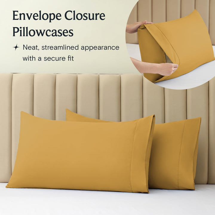 a close-up of a pillow case with text: 'Envelope Closure Pillowcases Neat, streamlined appearance with a secure fit'