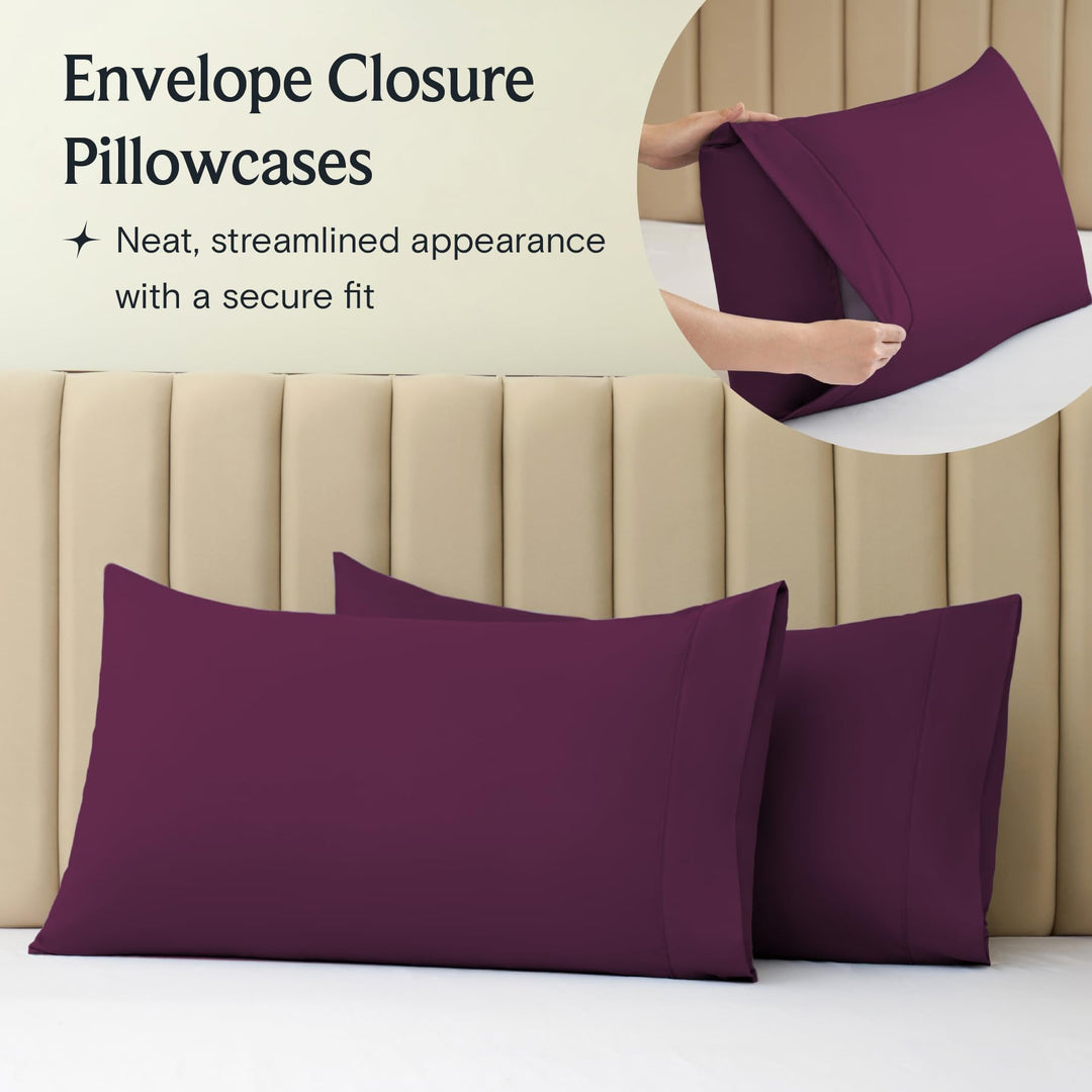 a purple pillow case on a bed with text: 'Envelope Closure Pillowcases Neat, streamlined appearance with a secure fit'