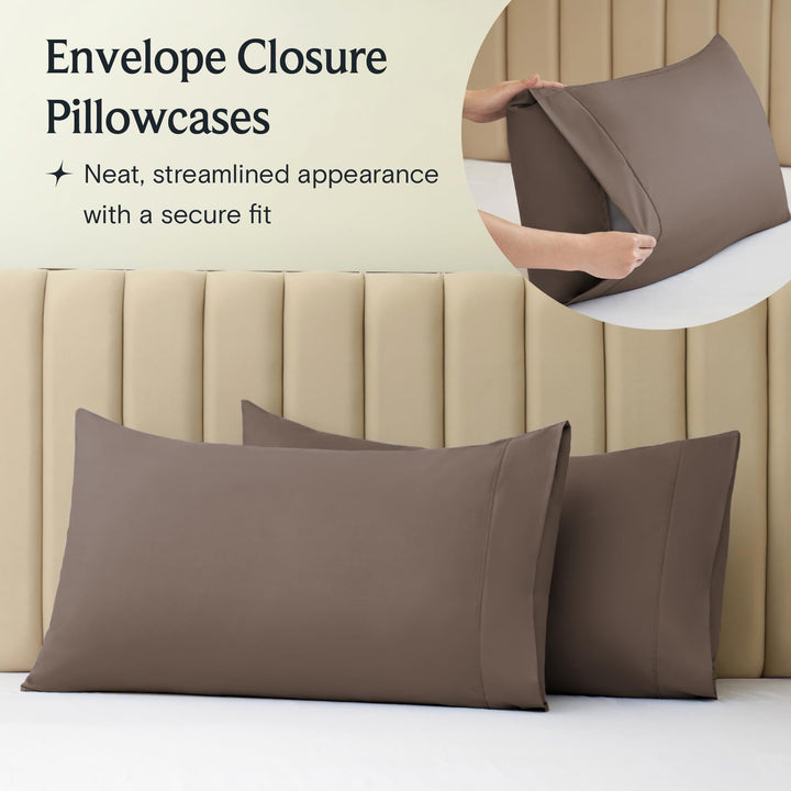 a close-up of a pillow case with text: 'Envelope Closure Pillowcases Neat, streamlined appearance with a secure fit'