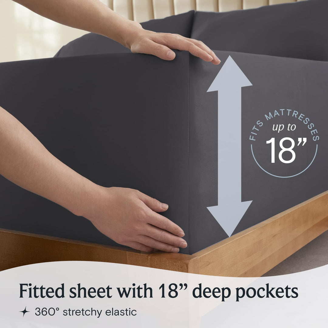 a person holding a mattress with text: 'MATTRESSES up to ITS 18' Fitted sheet with 18" deep pockets 360º stretchy elastic'