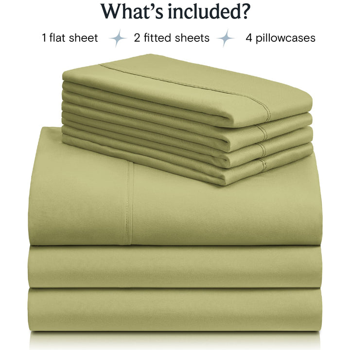 a stack of folded sheets with text: 'What's included? 1 flat sheet 2 fitted sheets 4 pillowcases'