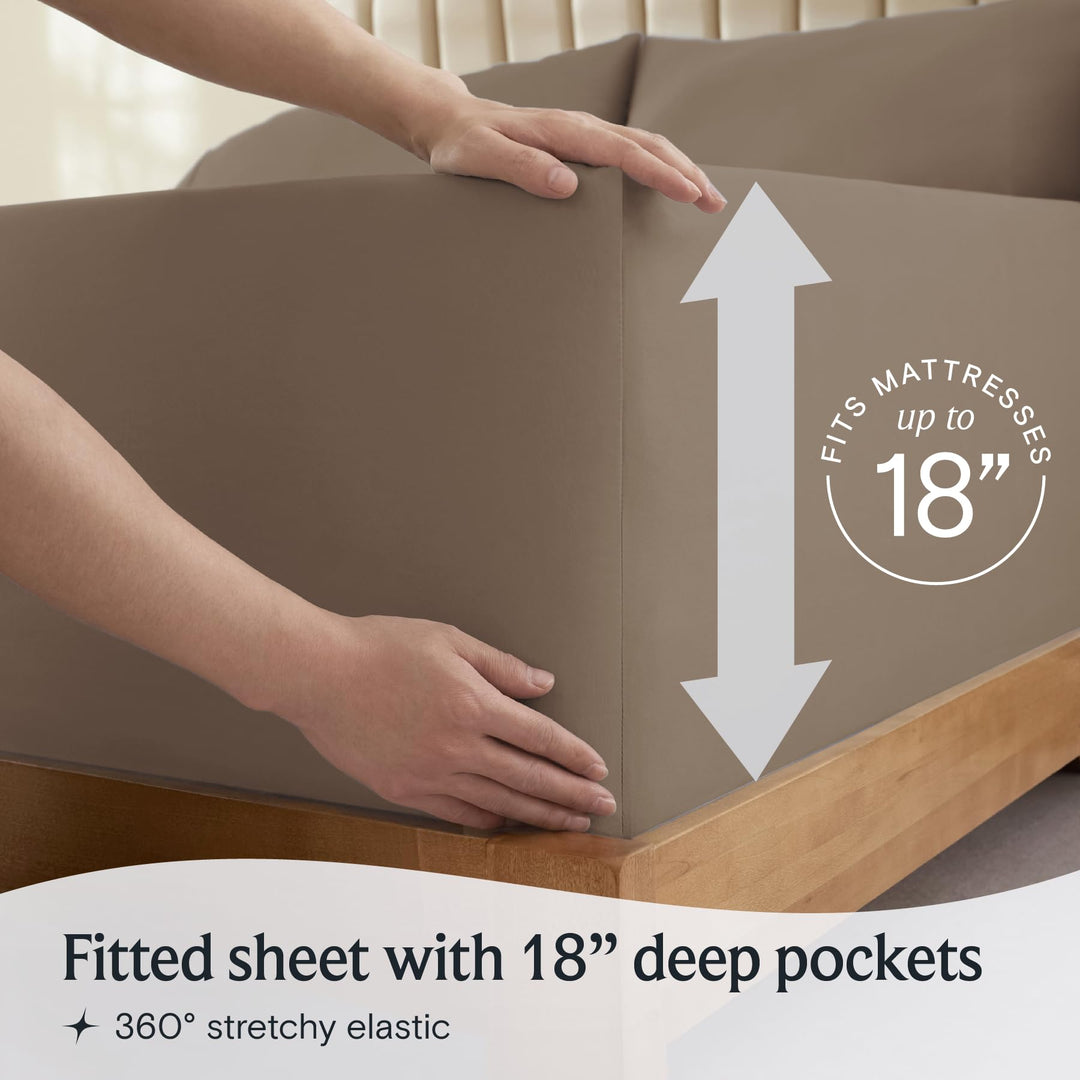 a person holding a mattress with text: 'RESSES up to FITS M Fitted sheet with 18" deep pockets 360º stretchy elastic'