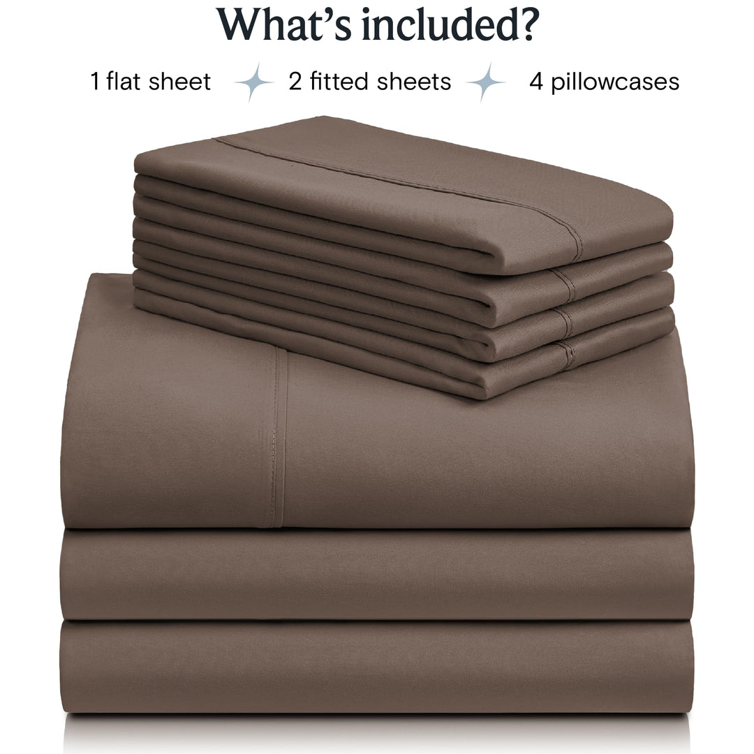 a stack of brown sheets with text: 'What's included? 1 flat sheet 2 fitted sheets 4 pillowcases'