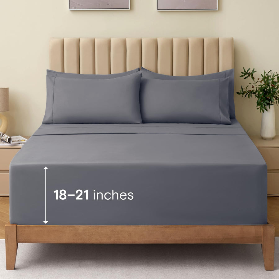 a bed with a bed frame and a lamp with text: '18-21 inches'