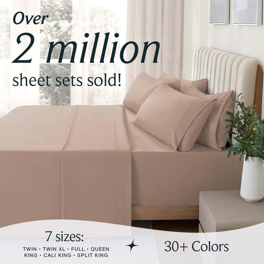 a bed with a plant in a vase with text: 'Over 2 million sheet sets sold! 7 sizes: 30+ Colors TWIN TWIN XL FULL QUEEN KING CALI KING . SPLIT KING'