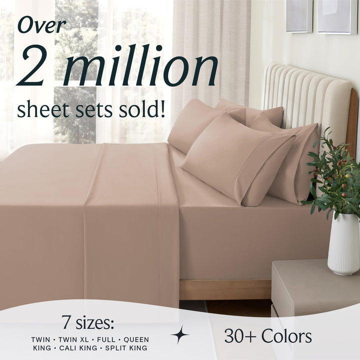 a bed with a plant in a vase with text: 'Over 2 million sheet sets sold! 7 sizes: 30+ Colors TWIN TWIN XL FULL QUEEN KING CALI KING . SPLIT KING'