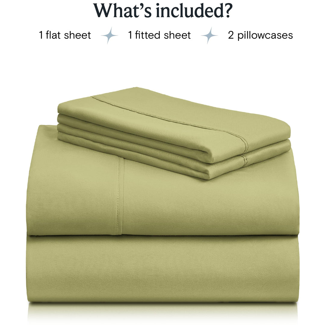 a close up of a bed sheet with text: 'What's included? 1 flat sheet 1 fitted sheet 2 pillowcases'