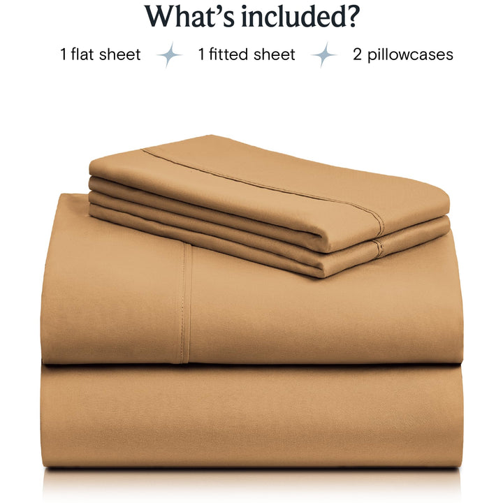 a stack of brown sheets with text: 'What's included? 1 flat sheet 1 fitted sheet 2 pillowcases'