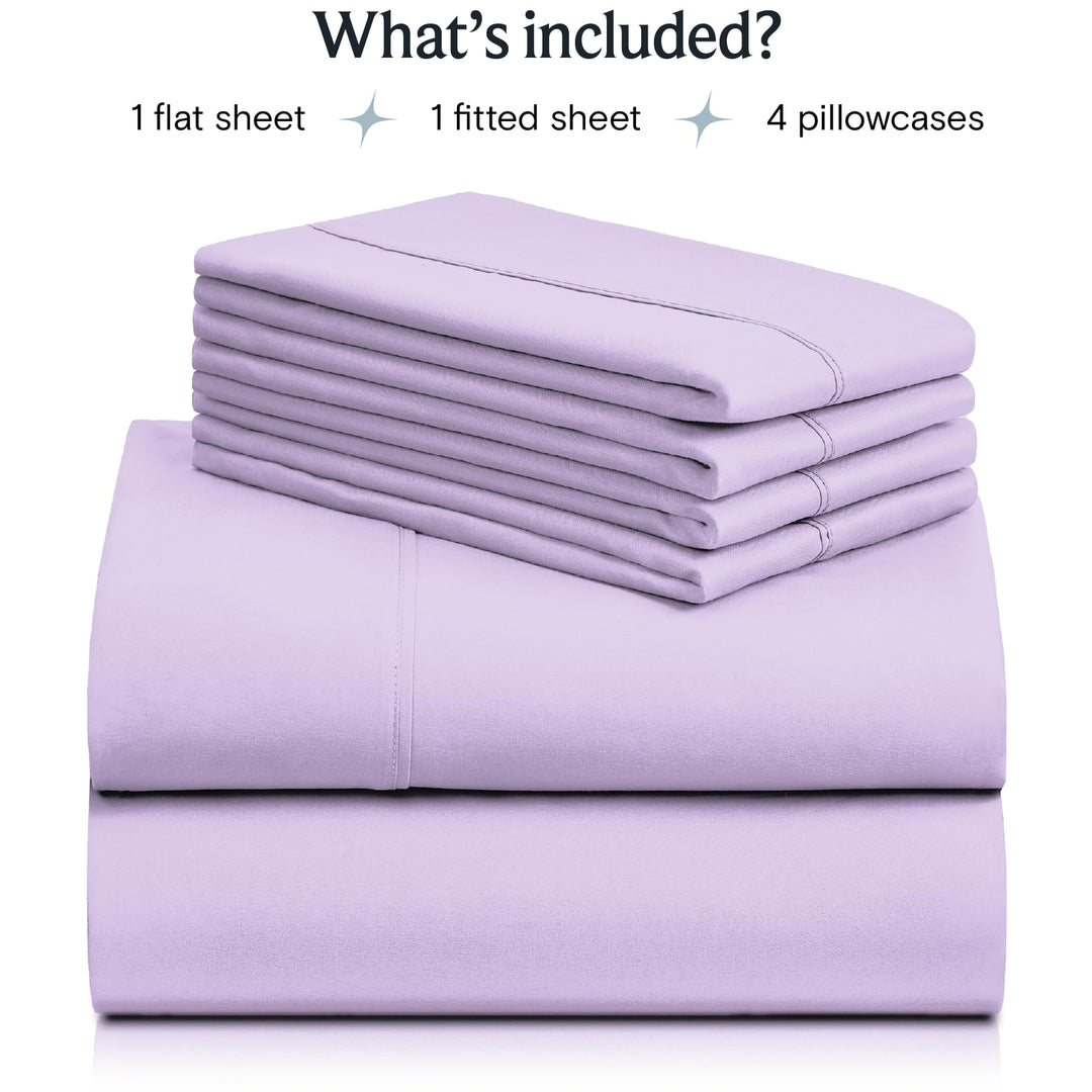 a stack of purple sheets with text: 'What's included? 1 flat sheet 1 fitted sheet 4 pillowcases'