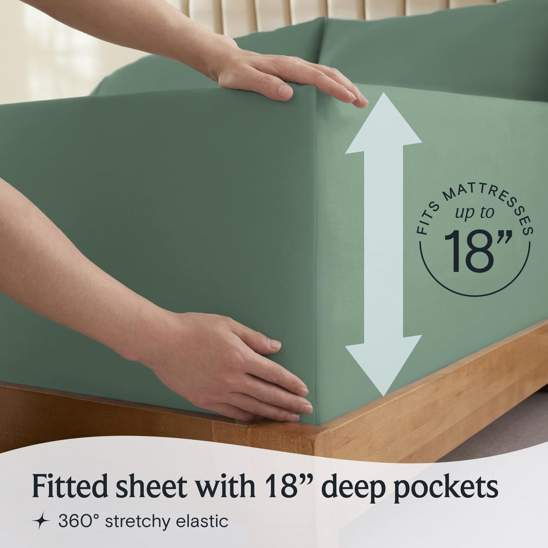 a person holding a mattress with text: '18 Fitted sheet with 18" deep pockets 360º stretchy elastic'