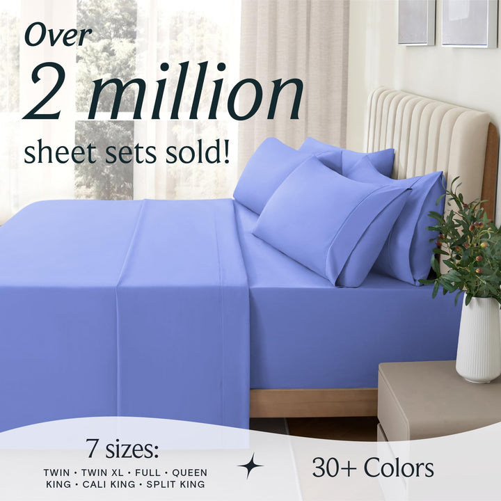 a bed with purple sheets and a plant in a vase with text: 'Over 2 million sheet sets sold! 7 sizes: 30+ Colors TWIN TWIN XL FULL QUEEN KING CALI KING SPLIT KING'