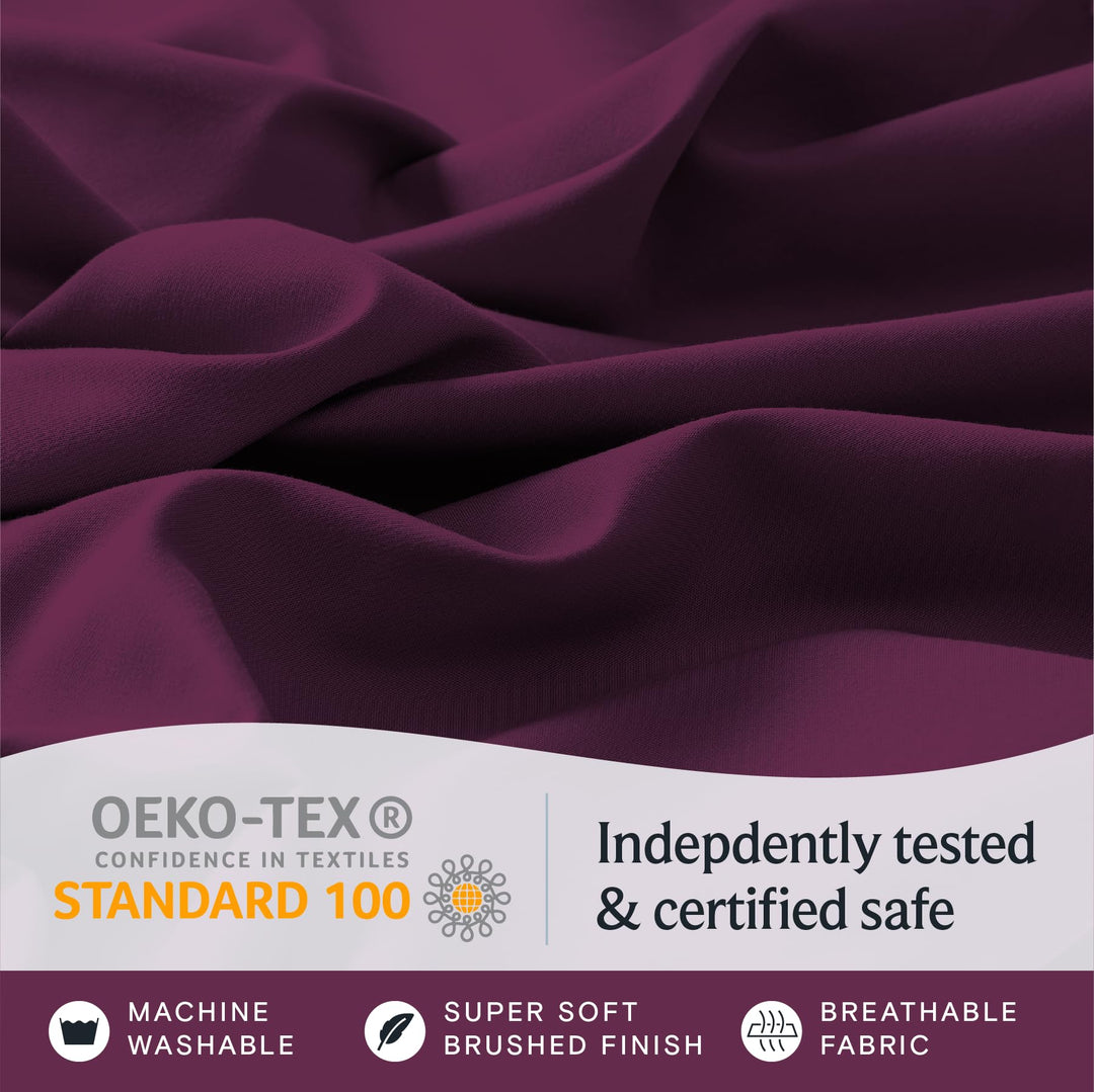 a close up of a fabric with text: 'OEKO-TEX Indepdently tested CONFIDENCE IN TEXTILES STANDARD 100 & certified safe MACHINE SUPER SOFT BREATHABLE WASHABLE BRUSHED FINISH FABRIC'