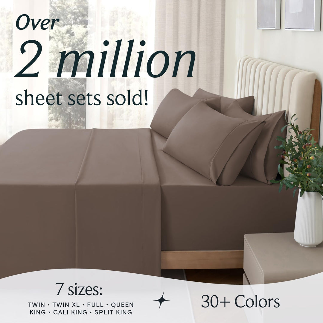 a bed with brown sheets and a plant in a vase with text: 'Over 2 million sheet sets sold! 7 sizes: 30+ Colors TWIN TWIN XL FULL QUEEN KING CALI KING SPLIT KING'